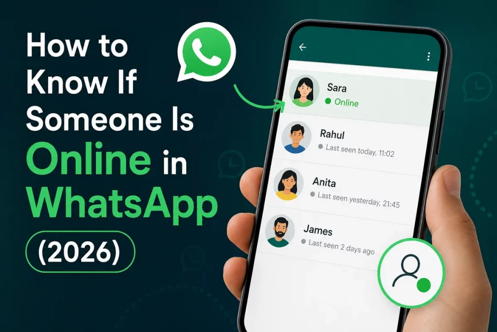 How to know if someone is online in WhatsApp — diagram showing three WhatsApp status indicators online status last seen timestamp and blue read receipts with explanations