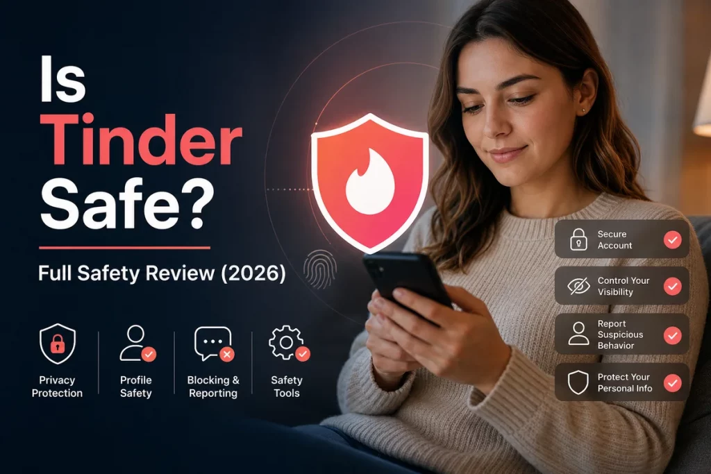 Is Tinder safe — comparison chart showing what Tinder verifies with checkmarks versus what remains unverified including name criminal records and intentions