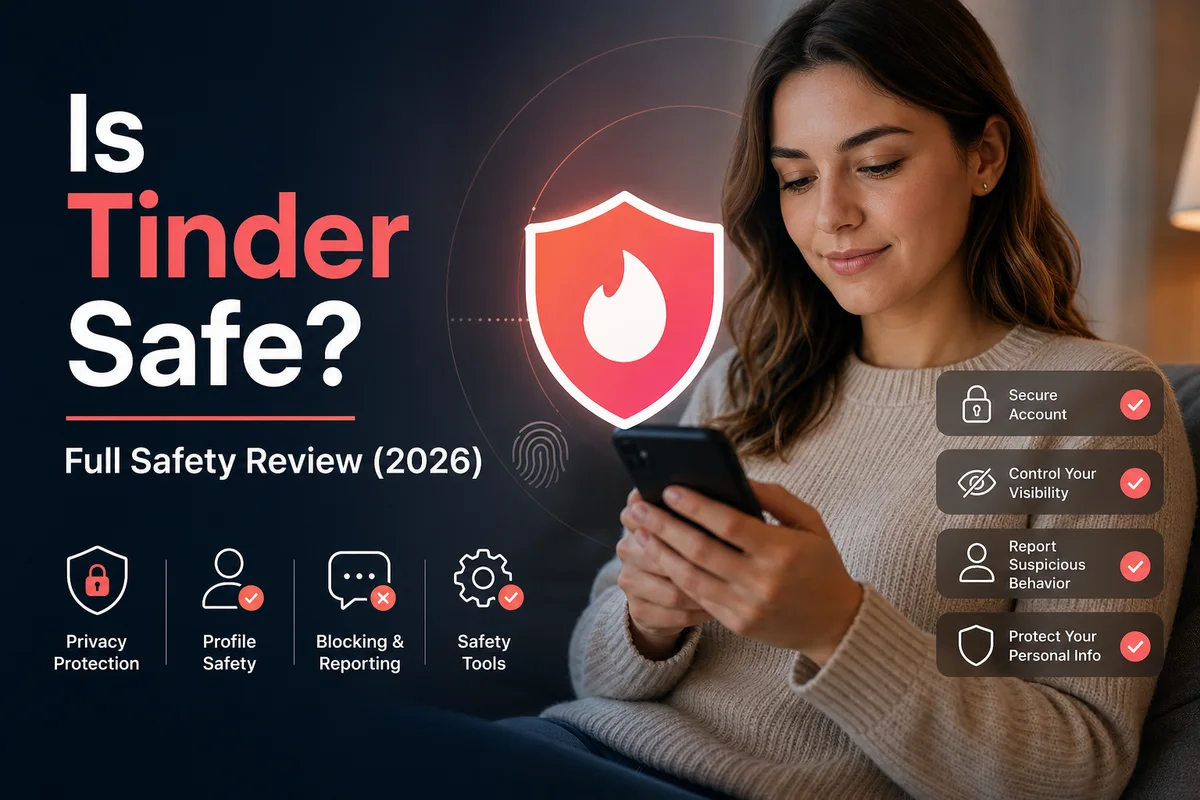 Is Tinder safe — comparison chart showing what Tinder verifies with checkmarks versus what remains unverified including name criminal records and intentions