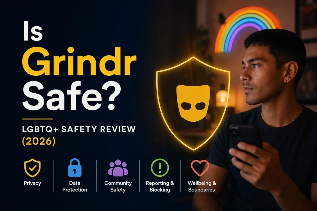 Is Grindr safe — risk assessment panel showing location privacy catfishing extortion romance scams physical safety data privacy and underage access with severity indicators