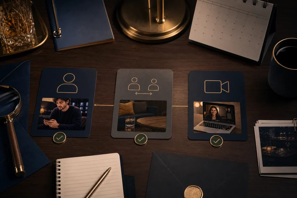 A layered trust workflow before asking for a video call.