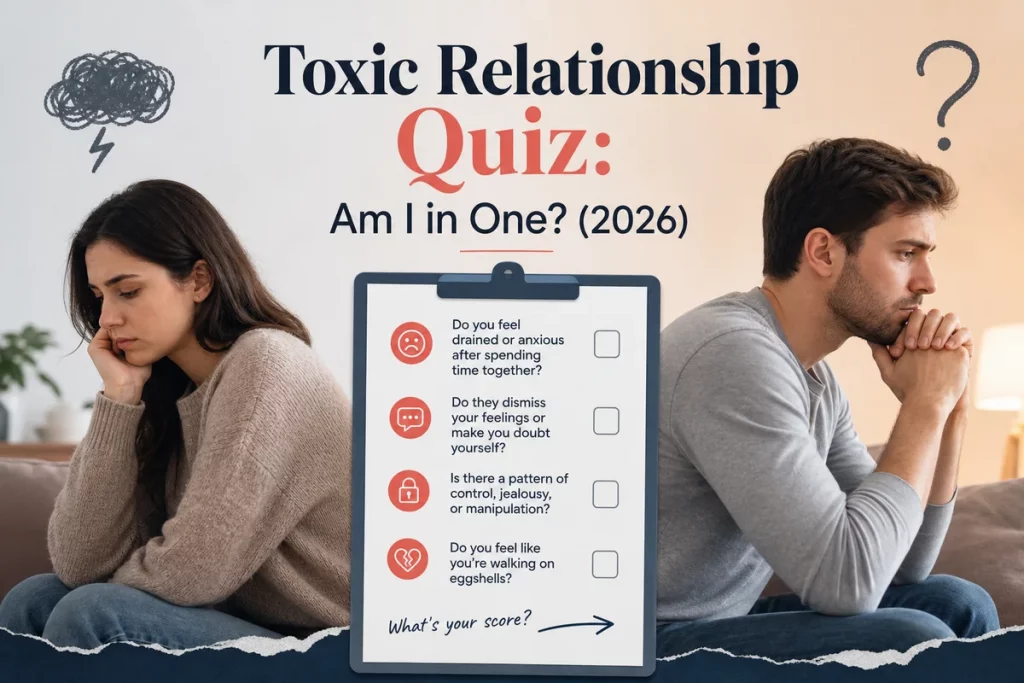 Toxic relationship quiz twenty questions — structured assessment form with four colored sections for communication control emotional impact and relationship patterns