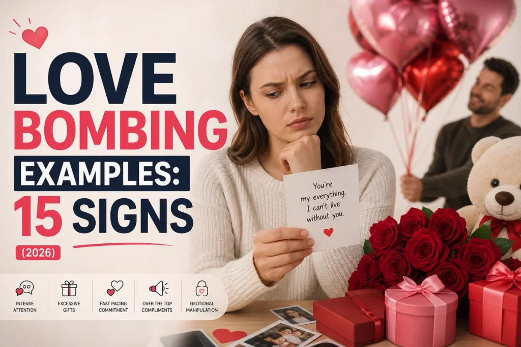 Love bombing examples fifteen signs — visual checklist organized into communication intensity grand gestures future faking and boundary violations with warning indicators