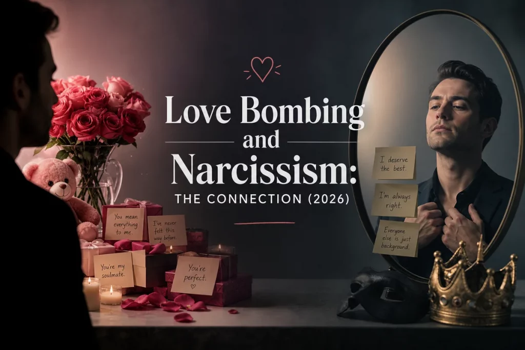 Love bombing narcissism cycle — four-phase circular diagram showing idealization love bombing then devaluation then discard then hoovering with emotional impact indicators at each phase