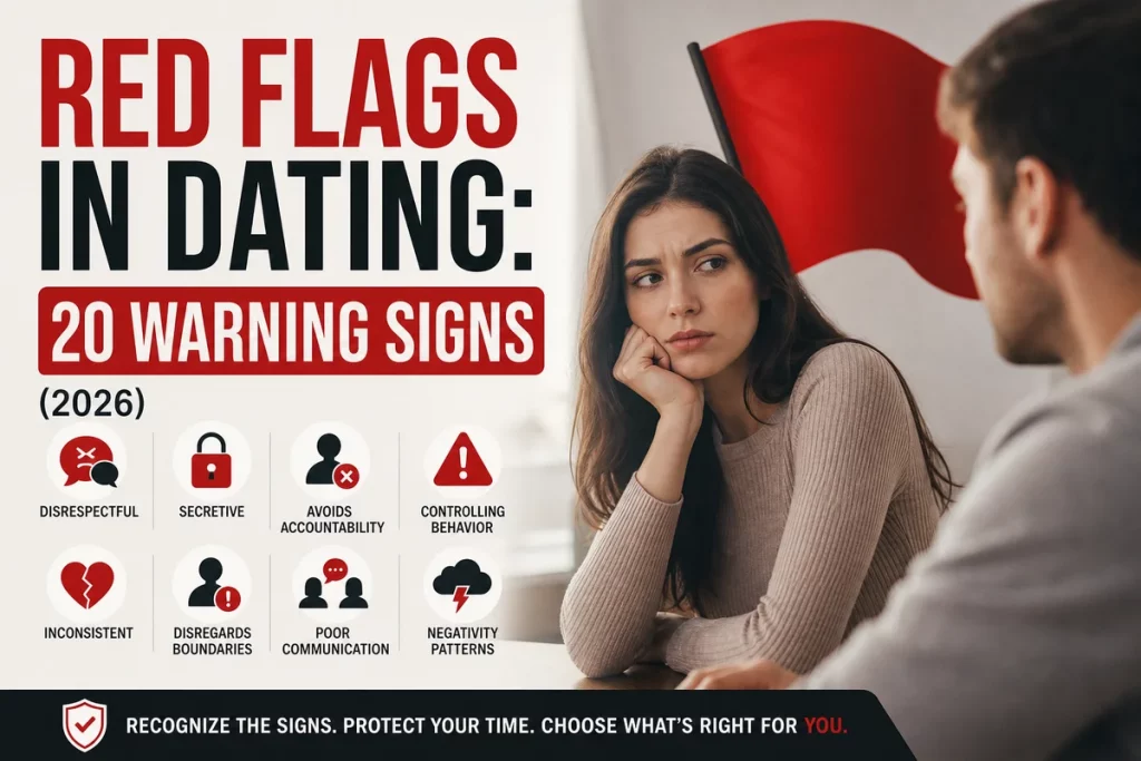 Red flags in dating twenty warning signs — organized visual checklist with five categories communication behavior consistency boundaries and patterns each containing four specific red flags
