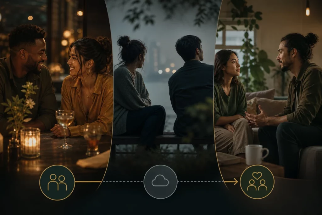Committed relationship vs dating — visual progression showing the transition from casual dating through the gray zone to defined commitment with key markers and verification steps at each stage