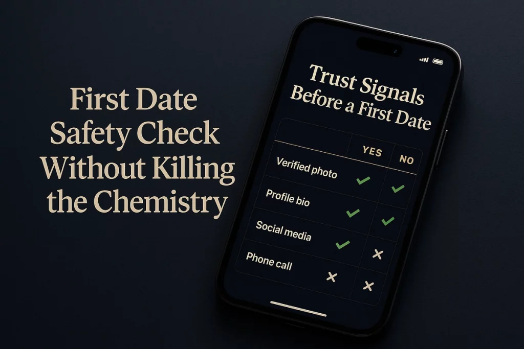 Mobile trust interface mockup for First Date Safety Check Without Killing the Chemistry Guide, designed as a premium GuyID visual explaining First Date Safety Check Without Killing the Chemistry.