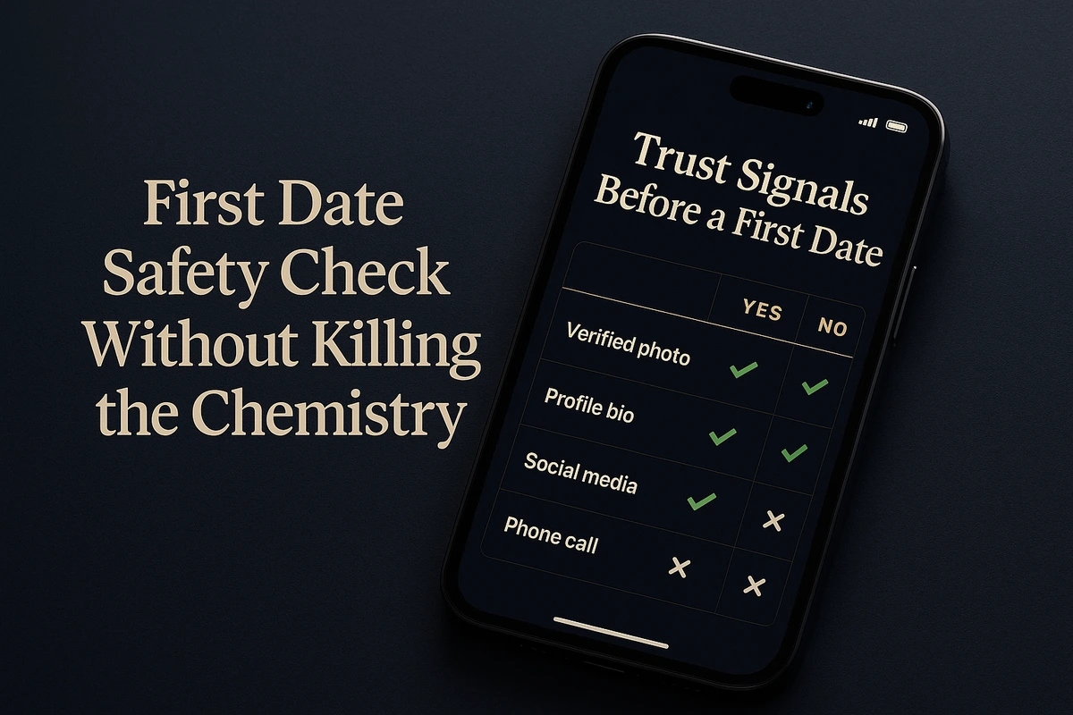 Mobile trust interface mockup for First Date Safety Check Without Killing the Chemistry Guide, designed as a premium GuyID visual explaining First Date Safety Check Without Killing the Chemistry.
