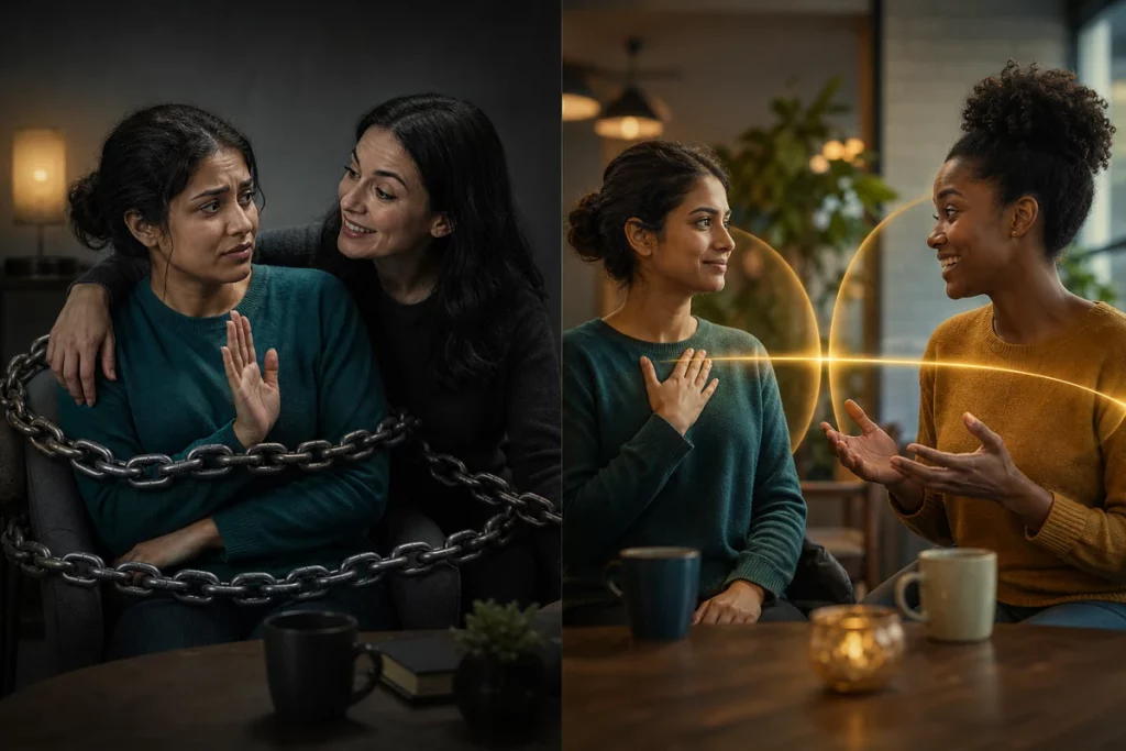 Love bombing in friendship — comparison chart showing eight warning signs on the left versus eight healthy friendship indicators on the right with the boundary test as the key differentiator