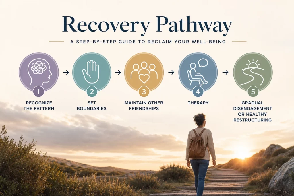 Trauma bonding friendship — five-step recovery plan showing seek therapy rebuild social network implement graduated distance set boundaries and apply verification to future friendships