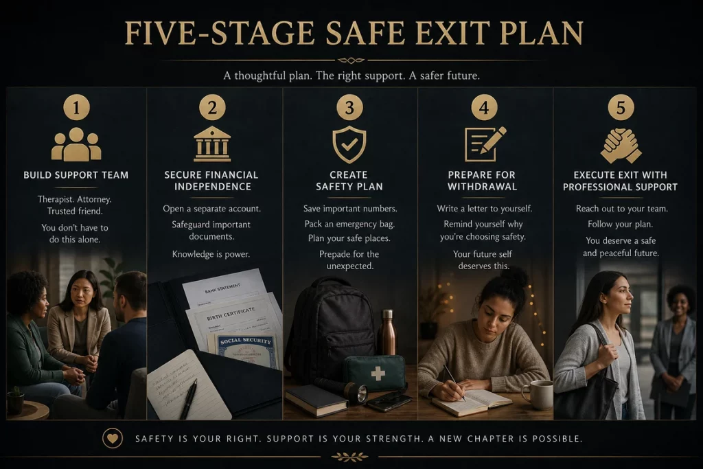 Trauma bonding marriage recovery pathway — five stages from recognizing the bond through building a support team securing financial independence safely exiting and rebuilding independent identity