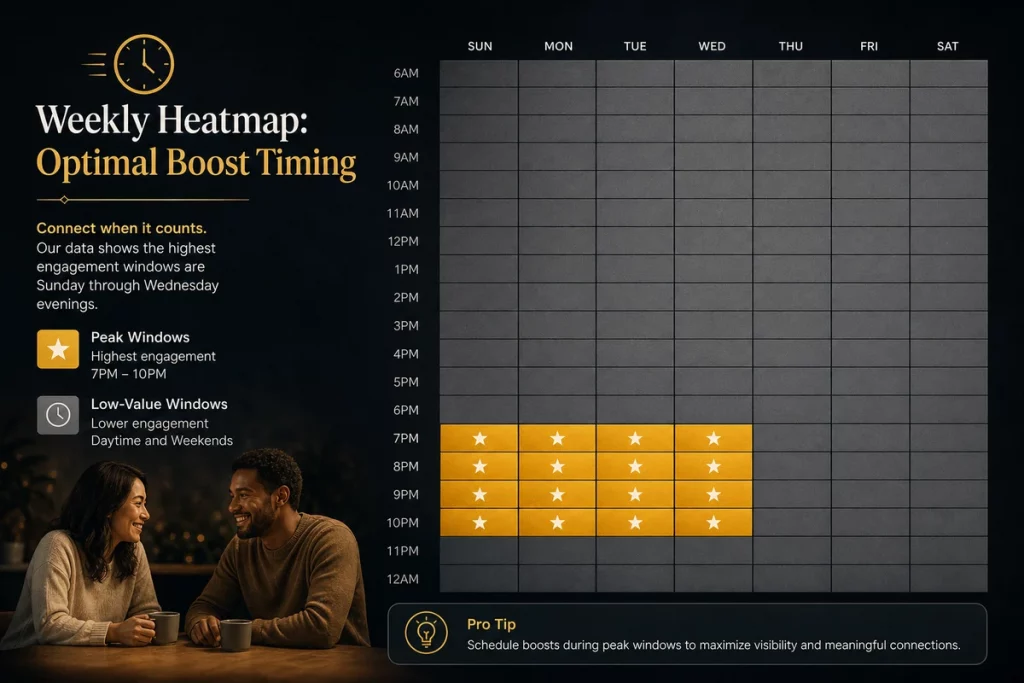 Boost bumble optimal timing — weekly heatmap showing peak dating app activity times with Sunday through Wednesday evenings highlighted as the highest-value boost windows