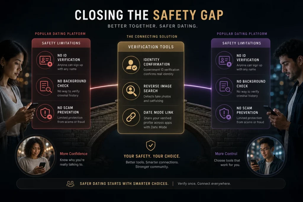 Tinder vs hinge reddit safety comparison — showing identical safety gaps on both platforms with GuyID verification tools filling the verification gap that neither app addresses natively