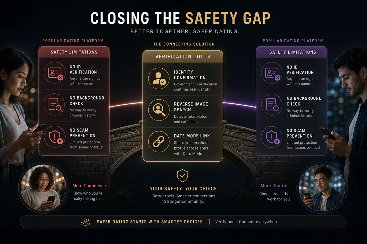 Tinder vs hinge reddit safety comparison — showing identical safety gaps on both platforms with GuyID verification tools filling the verification gap that neither app addresses natively