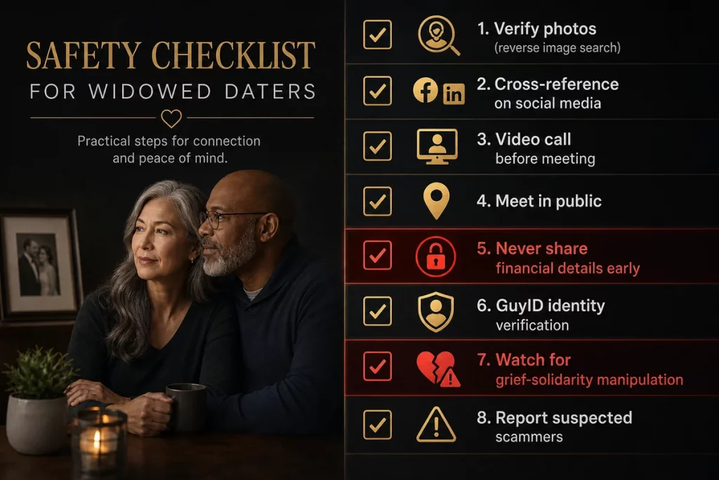 Widow dating websites safety checklist — showing verification steps specific to widowed daters including reverse image search video call public meeting GuyID verification and financial information protection