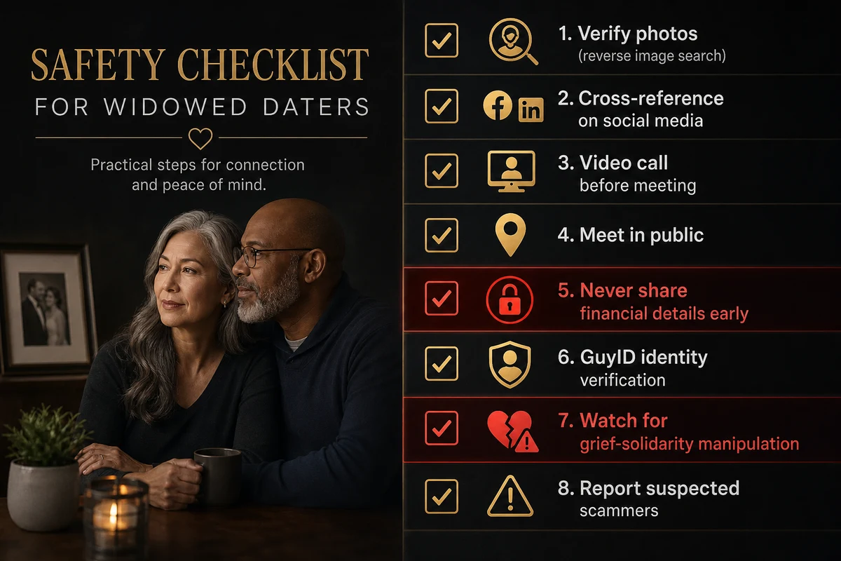 Widow dating websites safety checklist — showing verification steps specific to widowed daters including reverse image search video call public meeting GuyID verification and financial information protection