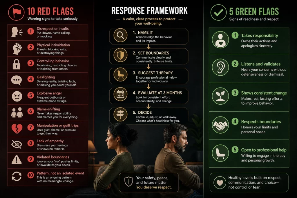 Dating a widower red flags versus green flags — side-by-side comparison showing ten warning signs on the left and five readiness indicators on the right with a boundary-setting framework in the center