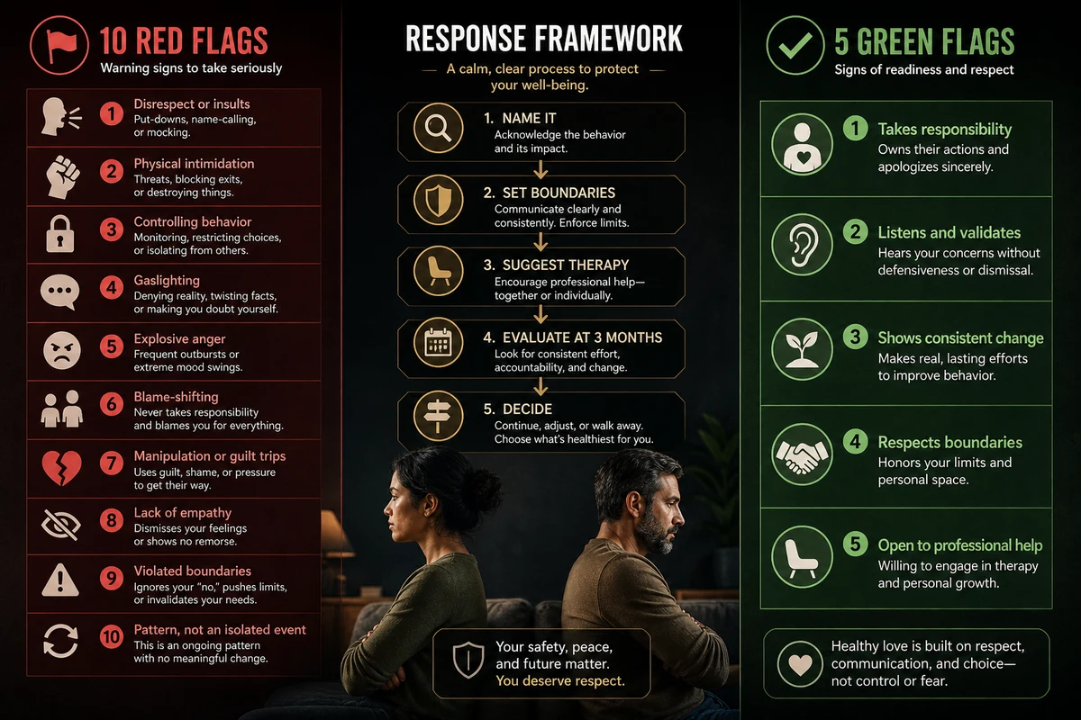 Dating a widower red flags versus green flags — side-by-side comparison showing ten warning signs on the left and five readiness indicators on the right with a boundary-setting framework in the center