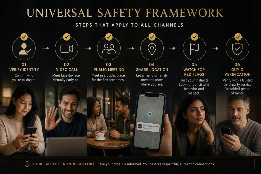 Searching for singles safety framework — universal verification steps that apply regardless of where you met someone from reverse image search through video call to public first meeting and GuyID identity verification