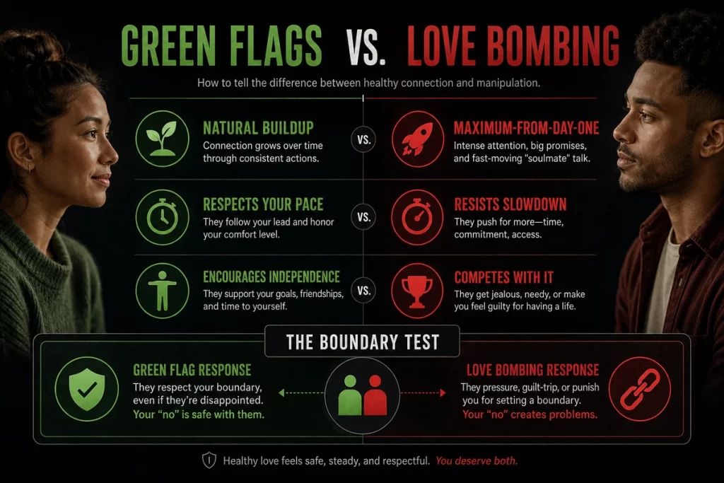 Green flags in dating versus love bombing — side-by-side comparison showing fifteen healthy indicators contrasted with their manipulative counterparts with the boundary test as the key differentiator