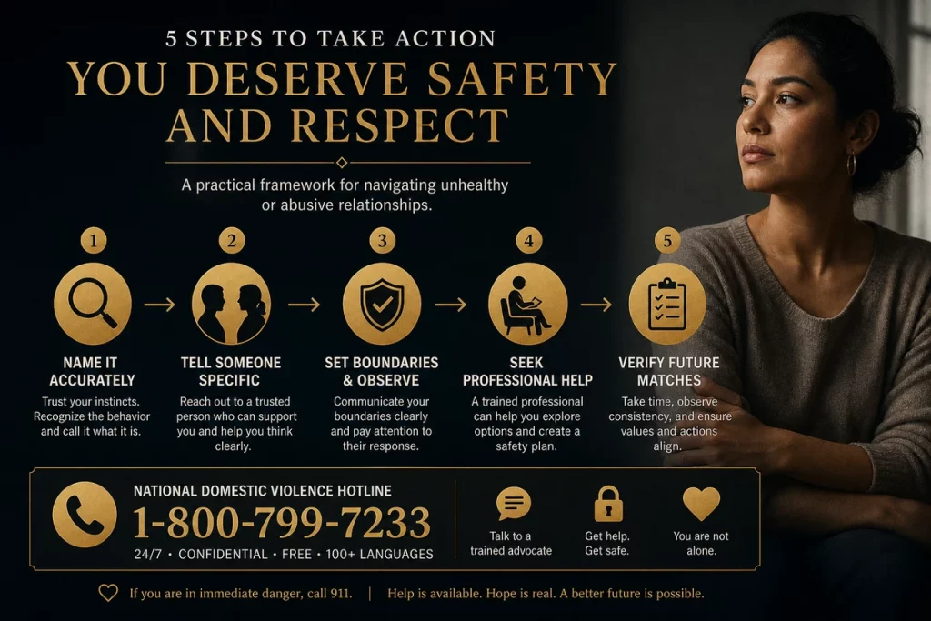 Red flags in a relationship for guys — action framework showing name the behavior talk to someone set boundaries seek professional help and verify future matches