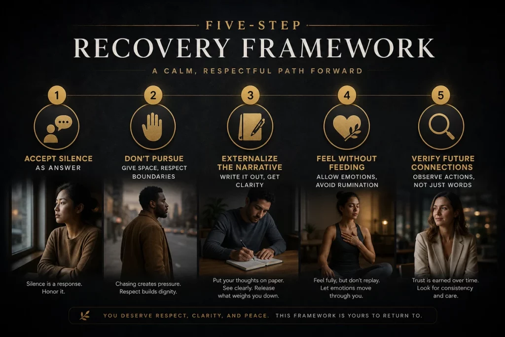 Ghosting meaning recovery framework — five steps from accepting silence as the answer through not pursuing externalizing the narrative feeling without feeding and verifying future connections
