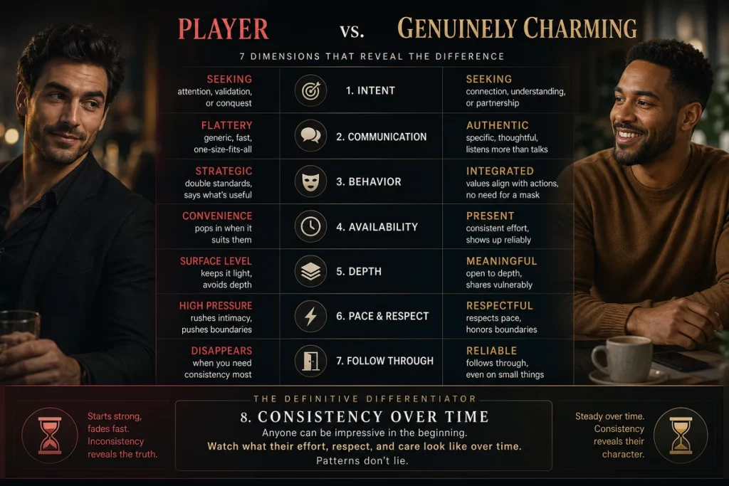 Signs of a player versus genuinely charming person — side-by-side comparison showing behavioral indicators with the consistency-over-time test as the definitive differentiator