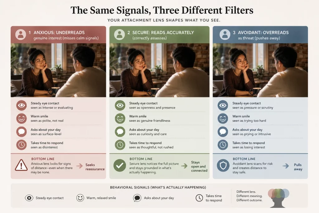 Signs a guy genuinely likes you — attachment style filter showing how anxious attachment underreads secure attachment reads accurately and avoidant attachment overreads the same genuine interest behaviors
