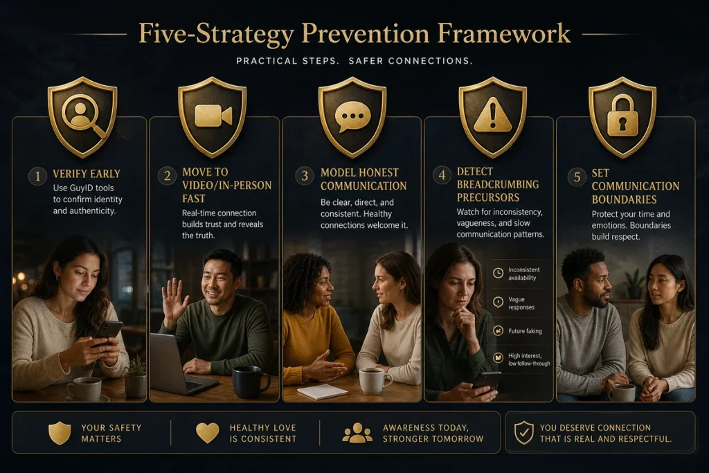Ghosting and dating prevention framework — five strategies from verification through video calls honest communication breadcrumbing detection to boundary setting