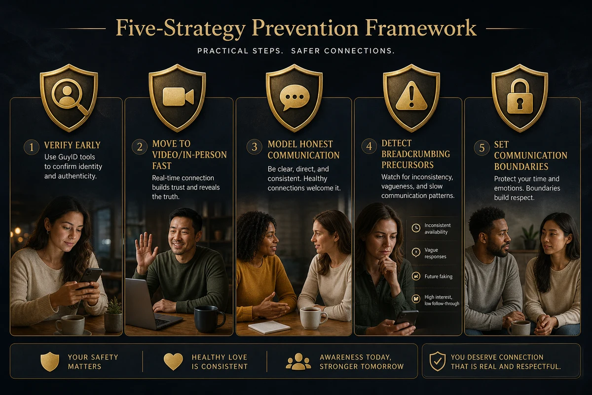 Ghosting and dating prevention framework — five strategies from verification through video calls honest communication breadcrumbing detection to boundary setting