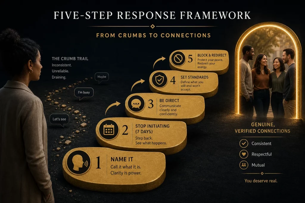 Breadcrumbing dating response framework — five steps from naming the pattern through stopping initiation being direct setting standards and blocking to redirect toward genuine connections
