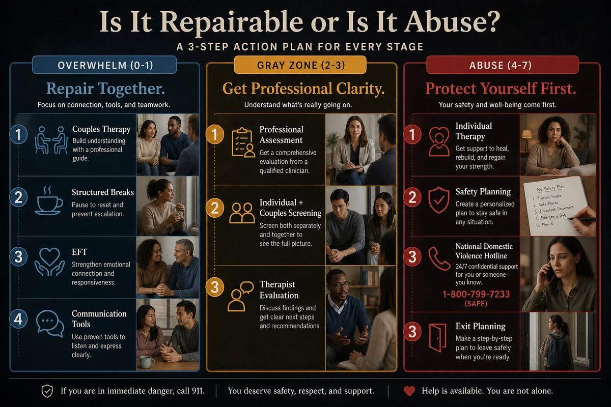 Is stonewalling abuse — three-path action plan showing overwhelm path leading to couples therapy gray zone path leading to professional assessment and abuse path leading to individual therapy safety planning and the National Domestic Violence Hotline