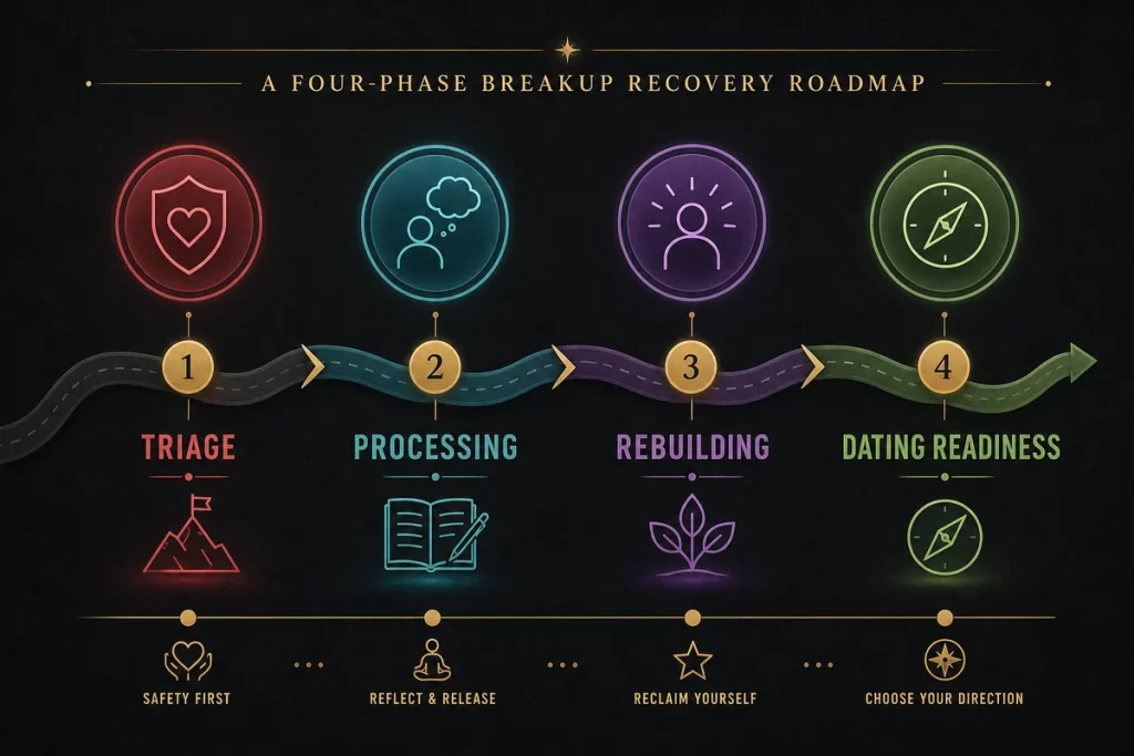 How to get over a bad breakup — recovery timeline showing first 30 days triage processing phase rebuilding phase and dating readiness indicators with specific actions and milestones for each phase