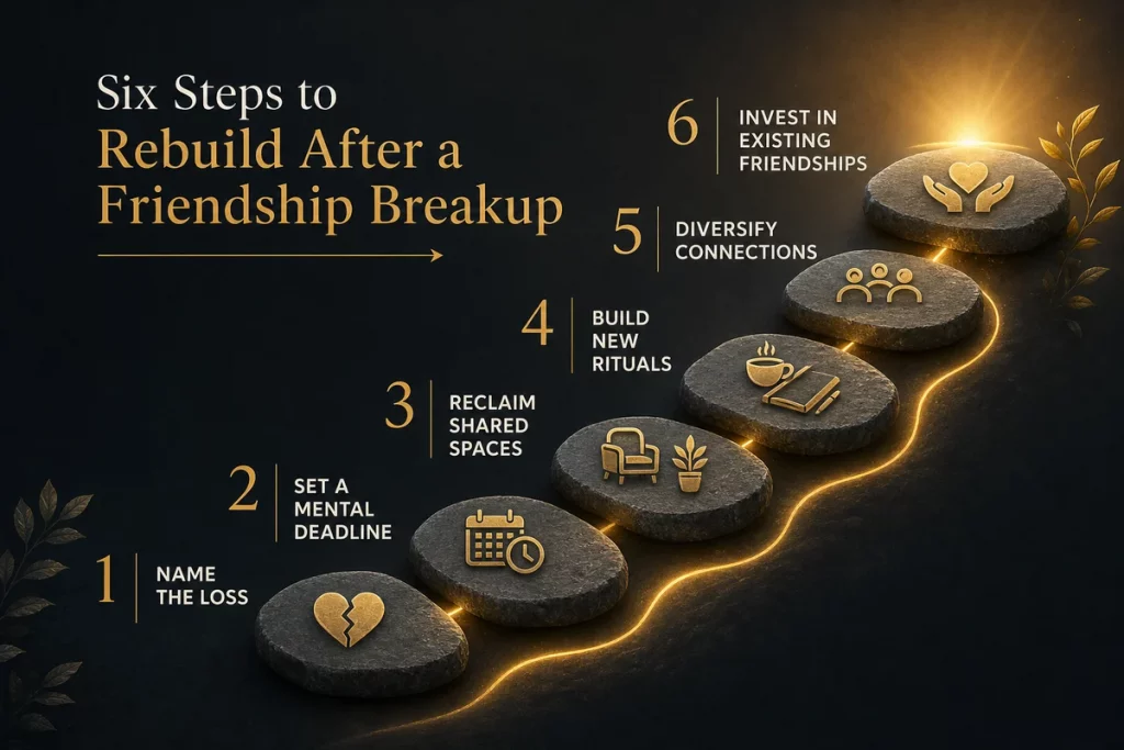 How to get over a friend breakup — rebuilding framework showing name the loss process the grief examine patterns diversify connections and invest in existing friendships as sequential recovery steps