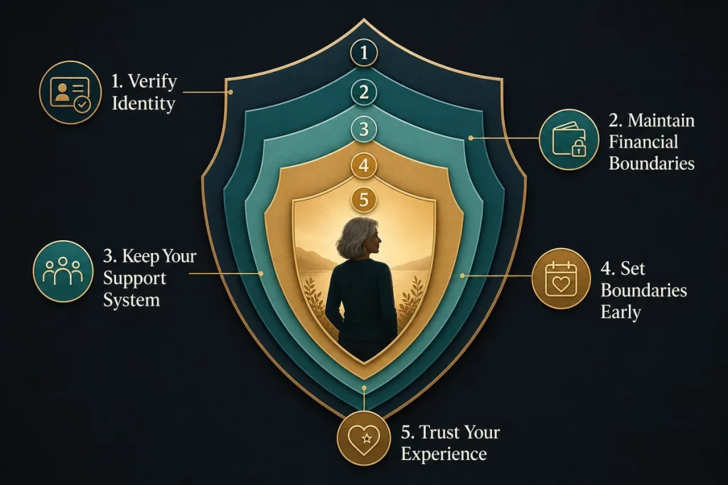Red flags when dating in your 60s female — protection framework showing verify identity maintain financial boundaries keep support system engaged set boundaries early and trust your experience as five defensive layers