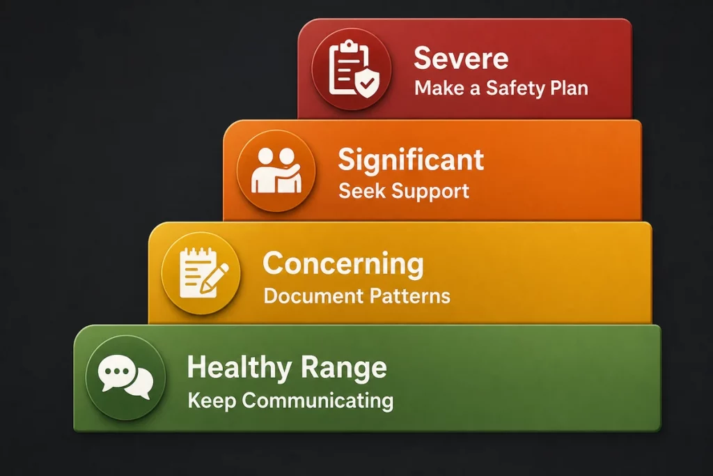 Psychological abuse quiz — four-tier action plan showing healthy range with continued awareness concerning range with external perspective and couples therapy significant range with individual therapy and abuse assessment and severe range with NDVH contact and safety planning