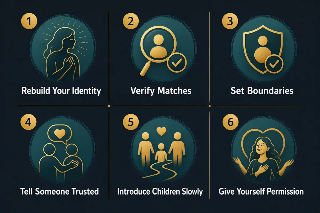Dating after divorce tips — practical checklist showing rebuild identity first verify matches online set boundaries before needed tell someone trusted introduce kids slowly and give yourself permission to enjoy displayed as actionable steps