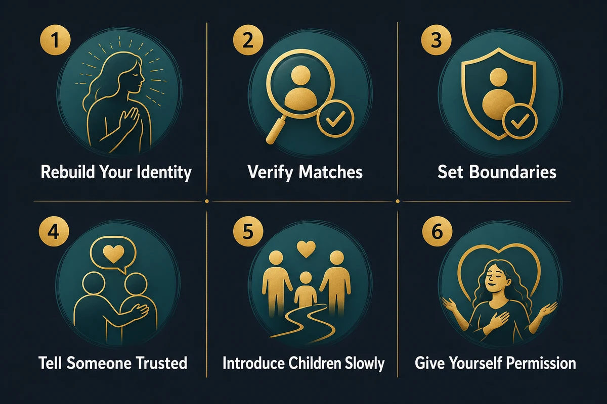 Dating after divorce tips — practical checklist showing rebuild identity first verify matches online set boundaries before needed tell someone trusted introduce kids slowly and give yourself permission to enjoy displayed as actionable steps