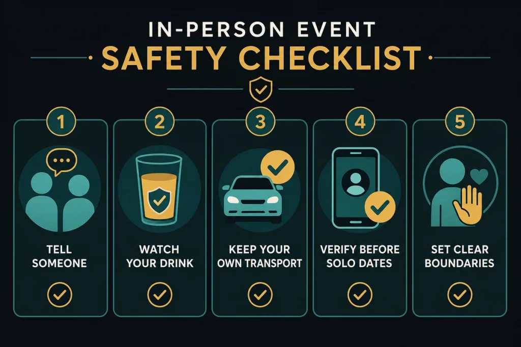 Singles mixer Chicago safety checklist — tell someone where you're going monitor drinks maintain transportation independence verify before solo dates and set boundaries in advance displayed as a five-point safety framework