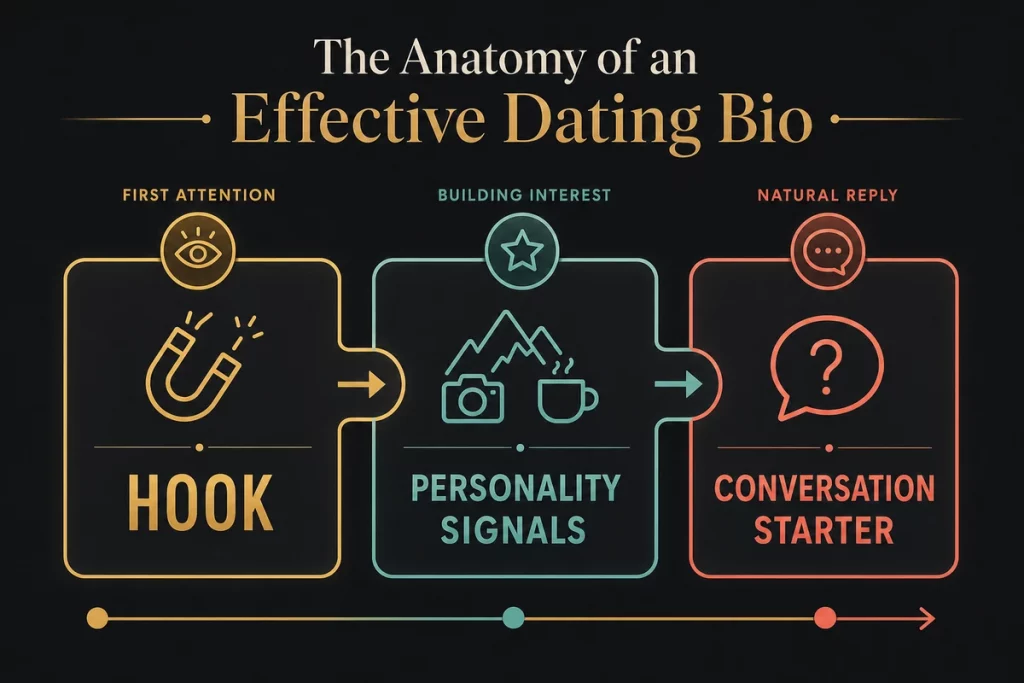 Great guy Tinder bios — anatomy of a perfect bio showing line one hook line two personality indicators line three conversation starter with examples for each element and common mistakes to avoid highlighted in red