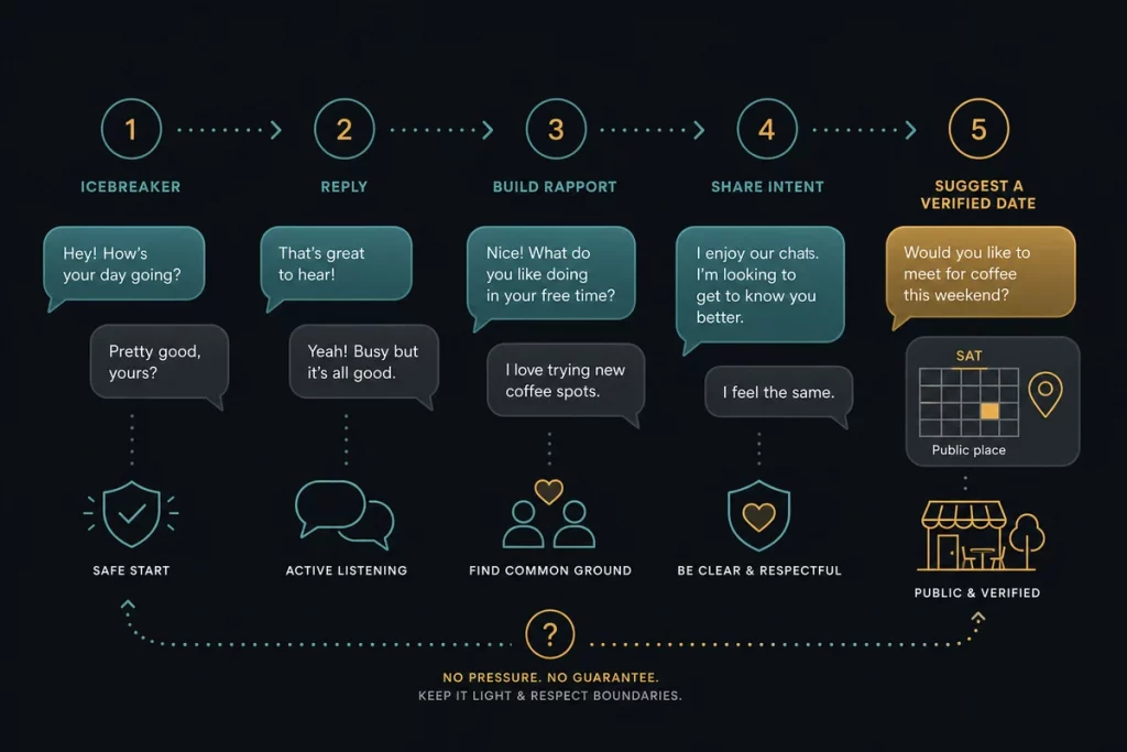 Dating app icebreakers to date conversion path — five steps showing icebreaker response building on topic reciprocal sharing date suggestion and identity verification as the progression from first message to first meeting