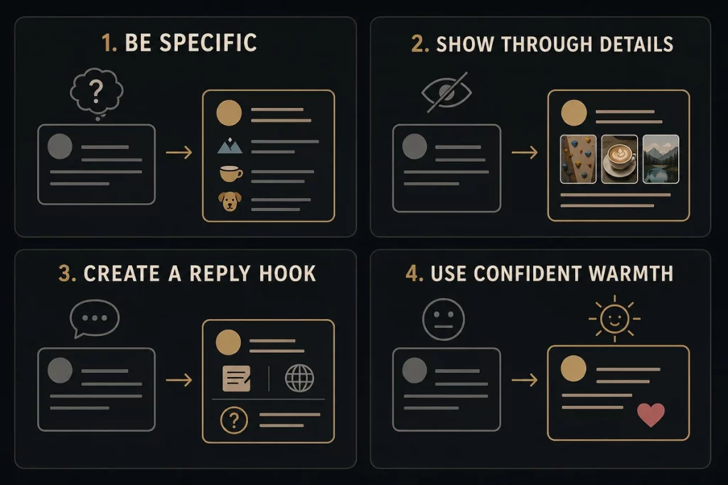 Date bio ideas — anatomy of a perfect dating profile showing four principles specificity show-don't-tell conversation hooks and confident tone with before and after examples demonstrating each principle