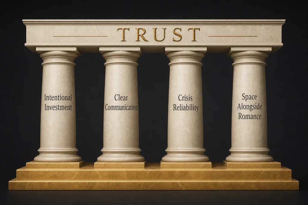 Platonic relationship — four building blocks for stronger friendships showing intentional investment clear communication crisis reliability and maintaining friendships alongside romance with specific action items for each
