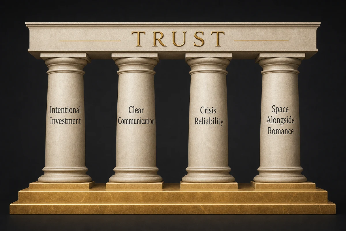 Platonic relationship — four building blocks for stronger friendships showing intentional investment clear communication crisis reliability and maintaining friendships alongside romance with specific action items for each