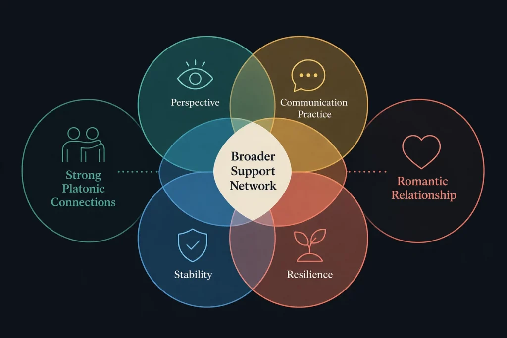 Platonic love — intersection diagram showing how strong platonic love improves romantic relationships through outside perspective emotional skill development identity stability and support network resilience