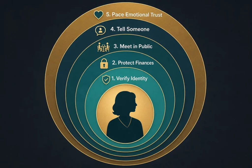 Widower dating site safety framework — five protection layers showing verify identity financial boundaries support system engagement romance scam awareness and pace control displayed as concentric defensive rings