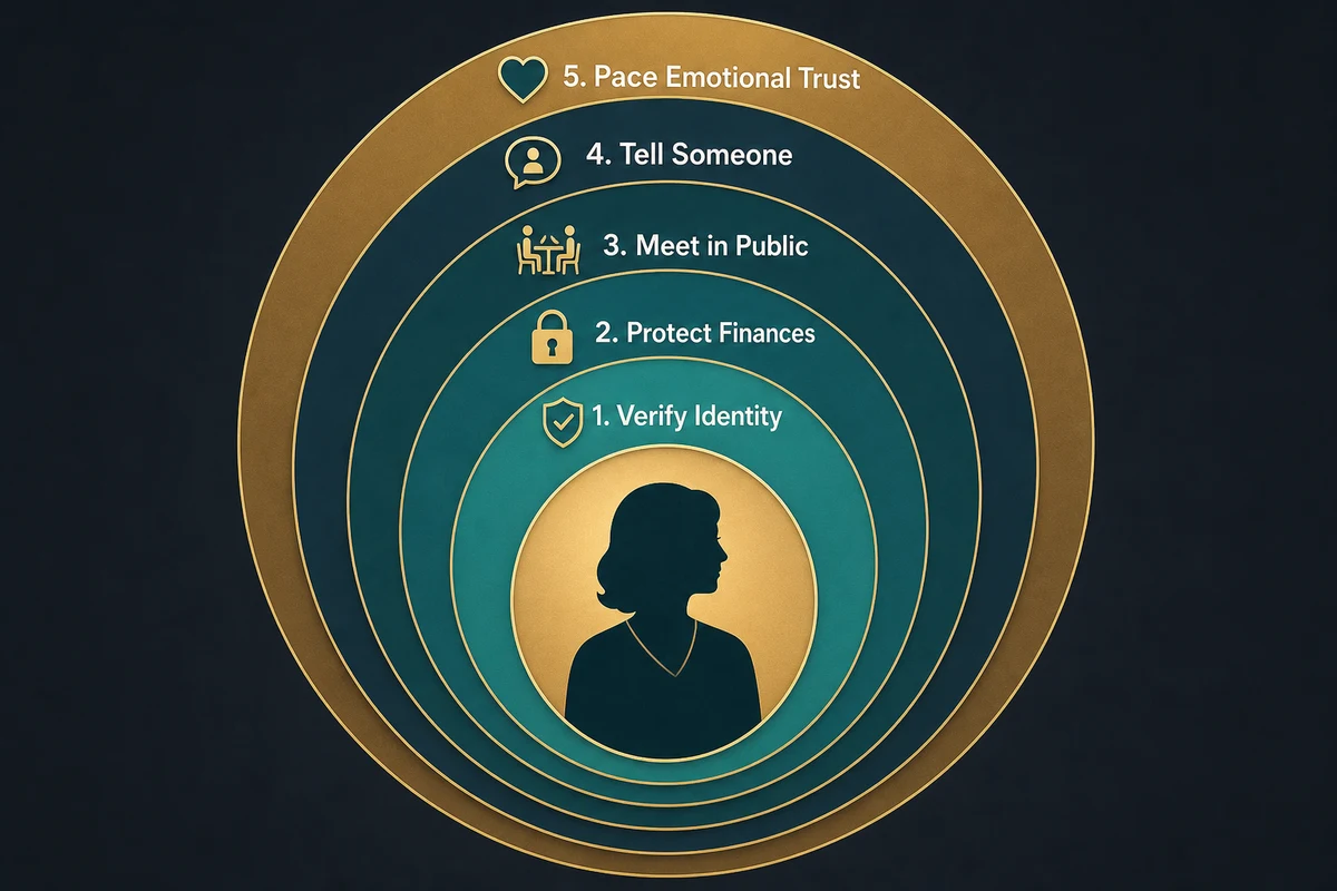 Widower dating site safety framework — five protection layers showing verify identity financial boundaries support system engagement romance scam awareness and pace control displayed as concentric defensive rings