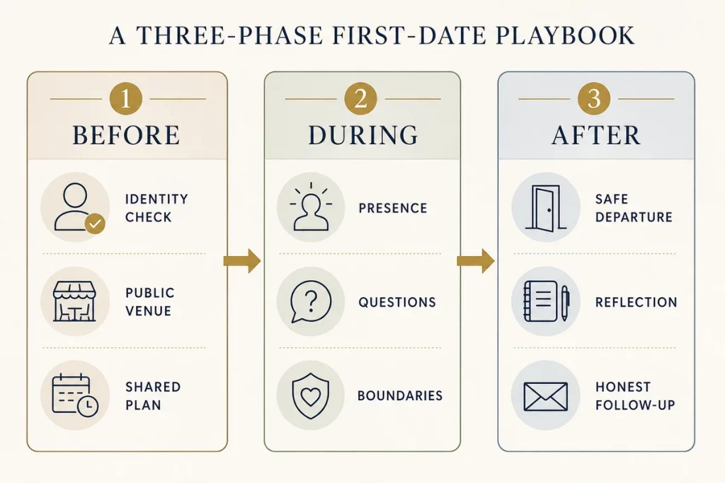 First date complete guide — timeline showing before during and after phases with planning tips conversation strategies green and red flag indicators safety checklist and follow-up protocols