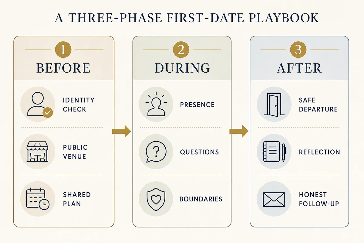 First date complete guide — timeline showing before during and after phases with planning tips conversation strategies green and red flag indicators safety checklist and follow-up protocols