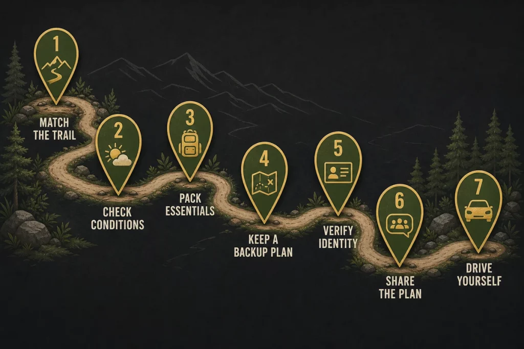 Hike date ideas safety and planning checklist — match trail to relationship stage check conditions pack for two have a backup plan verify identity share your plan and drive yourself displayed as a trail-themed preparation guide